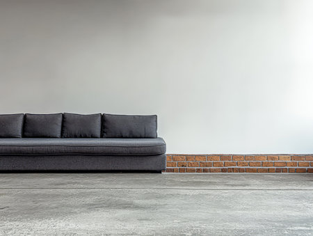 A spacious living area displays a contemporary gray sofa positioned along a plain wall. The flooring consists of polished concrete while a brick accent runs along the base adding warmth.の素材