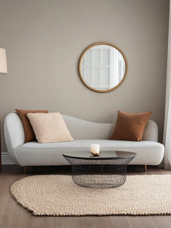 A stylish living room featuring a curved light gray sofa adorned with decorative pillows.の素材