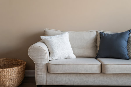 A soft gray couch is positioned against a light-colored wall adorned with decorative pillows in contrasting shades.の素材