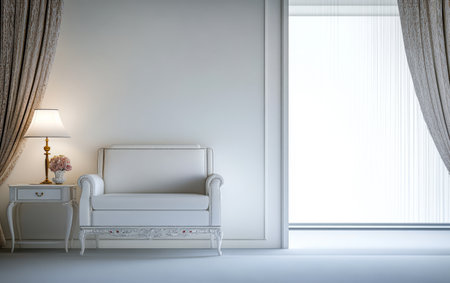 A white sofa is positioned against a simple wall complemented by a wooden side table and a lamp. Natural light floods the space through a large window enhancing the serene atmosphere.の素材