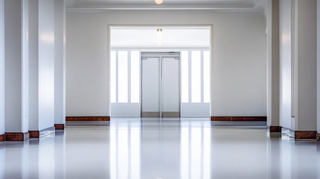 A spacious hallway features bright natural light streaming through large windows. The shiny reflective flooring complemented by minimalistic design creates an open and welcoming atmosphere.の素材