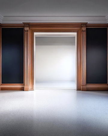 This modern space showcases a seamless blend of sophisticated wooden trim and minimalist design elements. The lack of furniture emphasizes the room's spaciousness and elegance.の素材