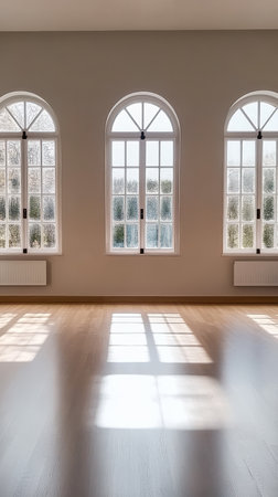Light fills a spacious room with high ceilings and arched windows casting shadows on the polished wooden floor. The calm atmosphere reflects an inviting serene space waiting to be filled.の素材