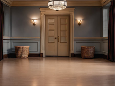 A spacious room features light wood flooring soft wall tones and two woven baskets placed symmetrically. The design showcases classic elegance with finely detailed doors and soft lighting.の素材