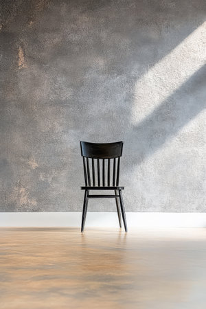 A black wooden chair stands alone against a textured gray wall. Sunlight streams in casting shadows on the wooden floor creating a minimalist and serene atmosphere.の素材