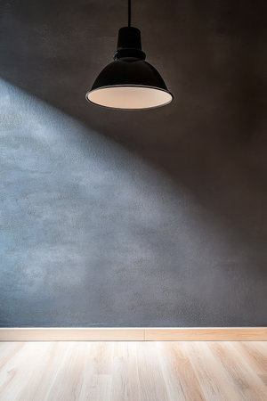 A stylish and minimalistic interior features a black pendant light casting warm illumination onto a light wooden floor set against a textured gray wall. The atmosphere feels serene and inviting.の素材