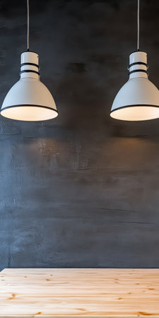 Two contemporary white pendant lamps cast warm light over a simple wooden table creating a cozy atmosphere. The dark wall enhances the modern design elements within the space.の素材