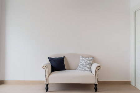 A light-colored couch adorned with two decorative pillows is positioned against a plain wall in a spacious minimalistic living room. The floor is light-toned enhancing the cozy atmosphere.の素材