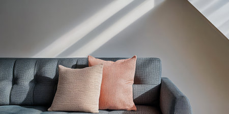 A modern sofa is adorned with two decorative pillows. Natural light streams through a window casting soft shadows on the wall enhancing the cozy atmosphere of the setting.の素材