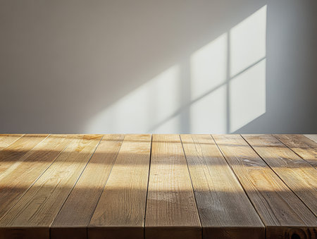 Sunlight streams through a window creating soft shadows on a rustic wooden table. The warm tones of the wood contrast with the coolness of the wall suggesting a peaceful moment indoors.の素材