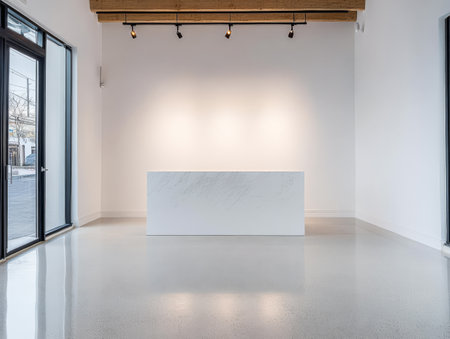 A bright spacious reception area features a sleek white counter as a main focal point.の素材