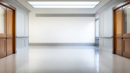 A well-lit hallway features large wooden doors on either side leading to separate rooms. The polished floor reflects the natural light entering through the window.の素材