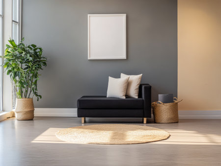 A bright living area showcases a sleek black couch with cushions beside a potted plant and a round rug. Sunlight streams in enhancing the minimalist design and warm atmosphere.の素材