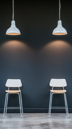 Two stylish white stools are positioned in front of a dark wall illuminated by pendant lights hanging from above. The minimalist setup creates a contemporary ambiance perfect for casual gatherings.の素材