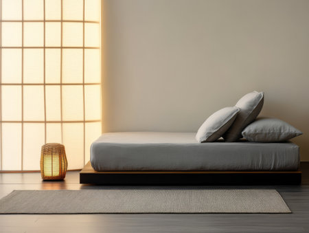 A serene bedroom features a low-profile bed dressed in light gray bedding, accompanied by two pillows. Soft natural light filters through a shoji screen, enhancing the calm atmosphere.の素材