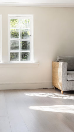 A serene living room featuring large windows that let in natural sunlight. A comfortable sofa sits in the corner enhancing the inviting atmosphere of the space.の素材