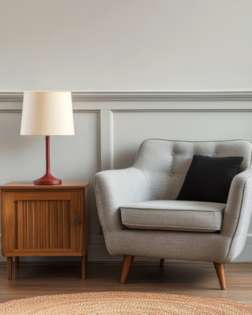 A well-decorated living room features a modern gray armchair next to a wooden side table with a lamp. The neutral colors create a warm and inviting atmosphere perfect for relaxation.の素材