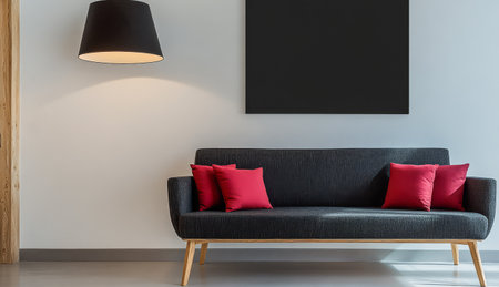 A contemporary living room features a sleek black sofa adorned with red cushions creating a warm and inviting atmosphere. The simple decor and light walls enhance the minimalist design.の素材