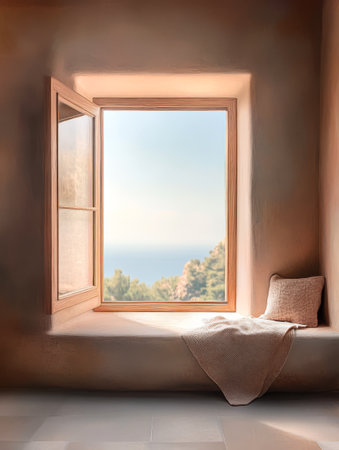A bright inviting window nook reveals a stunning view of the ocean and lush greenery outside. Soft sunlight pours in creating a warm and relaxing atmosphere.の素材