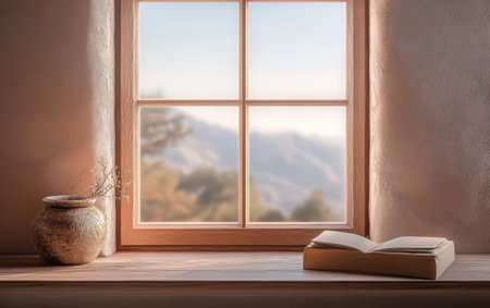 Soft sunlight filters through a large window illuminating an open book and a rustic vase. Scenic mountains are visible outside creating a tranquil atmosphere.の素材