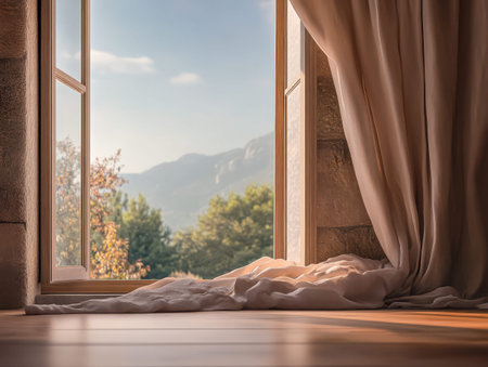 A cozy interior features an open window allowing natural light to fill the space while revealing a stunning mountain landscape. Soft curtains gently sway as the breeze enters.の素材