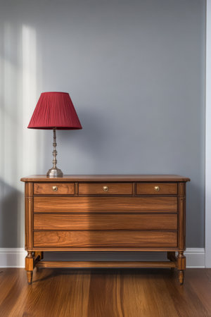 A beautifully crafted wooden dresser featuring six drawers sits against a light gray wall. A stylish red lamp adds a pop of color enhancing the contemporary decor.の素材