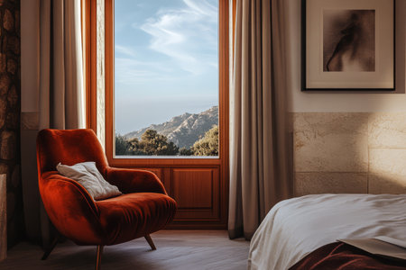 A modern bedroom showcases a plush red chair positioned near a large window. The view reveals distant mountains under a partly cloudy twilight sky creating a serene atmosphere.の素材