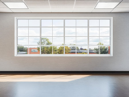 Sunlight pours into a large empty room through expansive windows creating an inviting atmosphere. Outside trees and buildings are visible under a partly cloudy sky.の素材