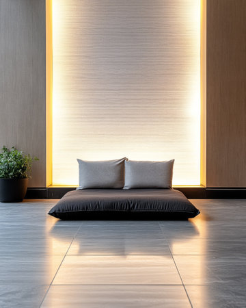 Soft cushions rest on a dark floor mat in a calming setting featuring elegant lighting. The minimalist decor highlights simplicity and comfort in a serene environment.の素材