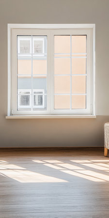 Bright sunlight fills a minimalist room with a large window. The wooden floor reflects light while soft shadows highlight the simplicity of the space.の素材