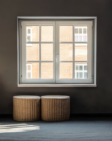 Bright sunlight filters through a contemporary window illuminating two rounded woven baskets on a soft carpet. The neutral walls enhance the cozy atmosphere of the room.の素材