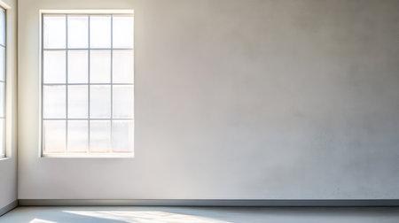 Natural light floods a spacious room with blank walls and large windows providing a calming and airy ambiance ideal for various activities.の素材