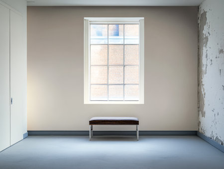 A minimalist interior features a simple bench positioned beneath a large window allowing natural light to fill the room. The walls display a blend of textures emphasizing simplicity.の素材
