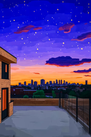 A stunning sunset illuminates the skyline with shades of orange and purple. Vibrant clouds float above urban buildings as stars begin to twinkle in the evening sky.の素材
