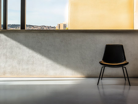A sleek black chair with gold accents sits alone by a large window showcasing a bright minimalist interior. Sunlight highlights the smooth surface and casts shadows across the floor.の素材