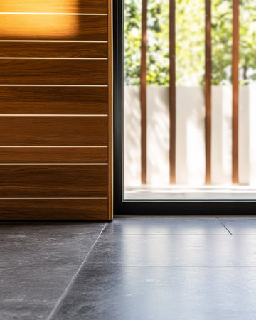 Stylish wooden panels create a warm atmosphere alongside a large window that brings in natural light. The sleek flooring complements the modern aesthetic of the room.の素材