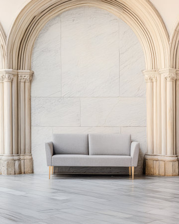 A stylish gray sofa is positioned in front of a large marble wall surrounded by classic architectural arches. The setting features polished floors and a serene atmosphere ideal for relaxation.の素材