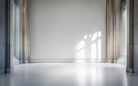 Sunlight pours through the tall windows of this elegant space casting gentle shadows on the polished floor. The minimalistic design accentuates the architectural details of the walls.の素材