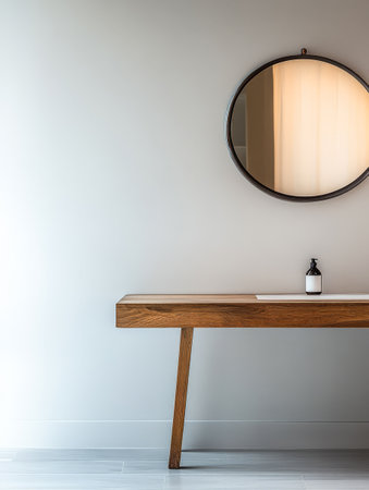 A sleek wooden table stands against a light gray wall with a round mirror mounted above it.の素材