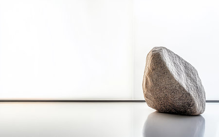 A large smooth rock prominently stands against a clean white wall highlighting the beauty of natural elements in modern design. The polished floor reflects the rock's texture.の素材