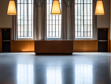 Bright and spacious interior featuring large windows wooden accents and soft lighting. The area has a polished floor and curtains creating a welcoming atmosphere for gatherings.の素材