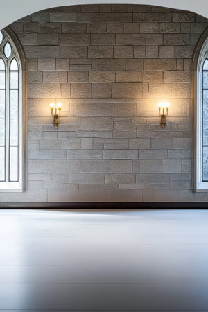 A stylish interior showcases stone walls adorned with antique sconces casting gentle light. Large windows frame a tranquil view enhancing the room's serene elegance.の素材