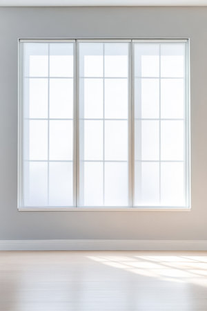 Large window panels allow natural light to flood a minimalist interior highlighting the soft hues and simplicity of the room. The spacious design emphasizes tranquility and openness.の素材