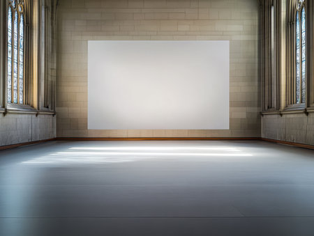 A spacious gallery features a large blank canvas hanging on a light-colored wall. Sunlight streams through the tall windows illuminating the polished floor and creating a serene atmosphere.の素材