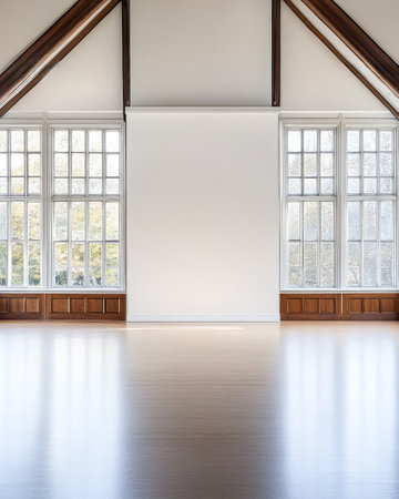 Natural light floods a spacious room featuring tall windows and elegant wooden details. The minimalist design emphasizes the calm atmosphere suitable for gatherings or creative activities.の素材