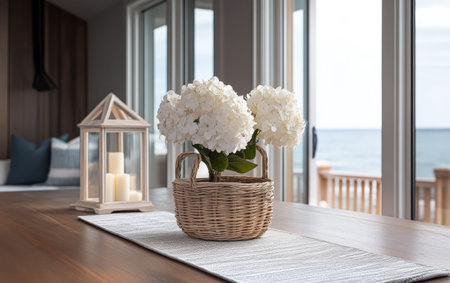 A cozy dining area features a wicker basket with vibrant white hydrangeas placed on a textured table runner. Large windows offer a beautiful view of the ocean.の素材