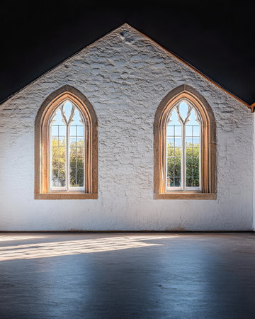 Two large arched windows illuminate a historic interior space with stone walls. Sunlight casts gentle shadows on the polished floor enhancing the architectural beauty.の素材