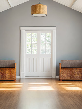 A serene and inviting room showcases two wicker chairs positioned beside a bright entrance door. Gentle sunlight streams through the glass illuminating the wooden floor and gray walls.の素材