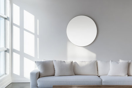 A bright living room features a cream-colored sofa adorned with soft pillows. Natural light pours in through a large window creating interesting shadows. A round mirror hangs on the wall.の素材