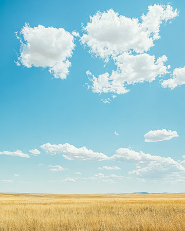 A vast golden field stretches towards the horizon beneath a clear blue sky. Fluffy white clouds float above adding a serene touch to the tranquil landscape on a sunny day.の素材